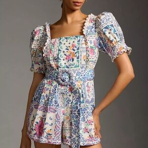NWOT FARM Rio Romantic Bandanas Puff-Sleeve Belted Romper